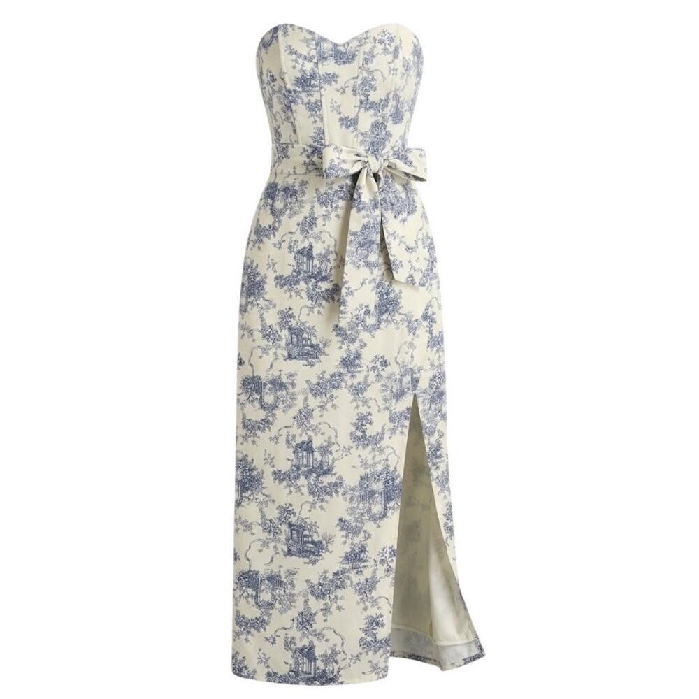 Strapless Toile de Jouy Belted Split Maxi Dress M